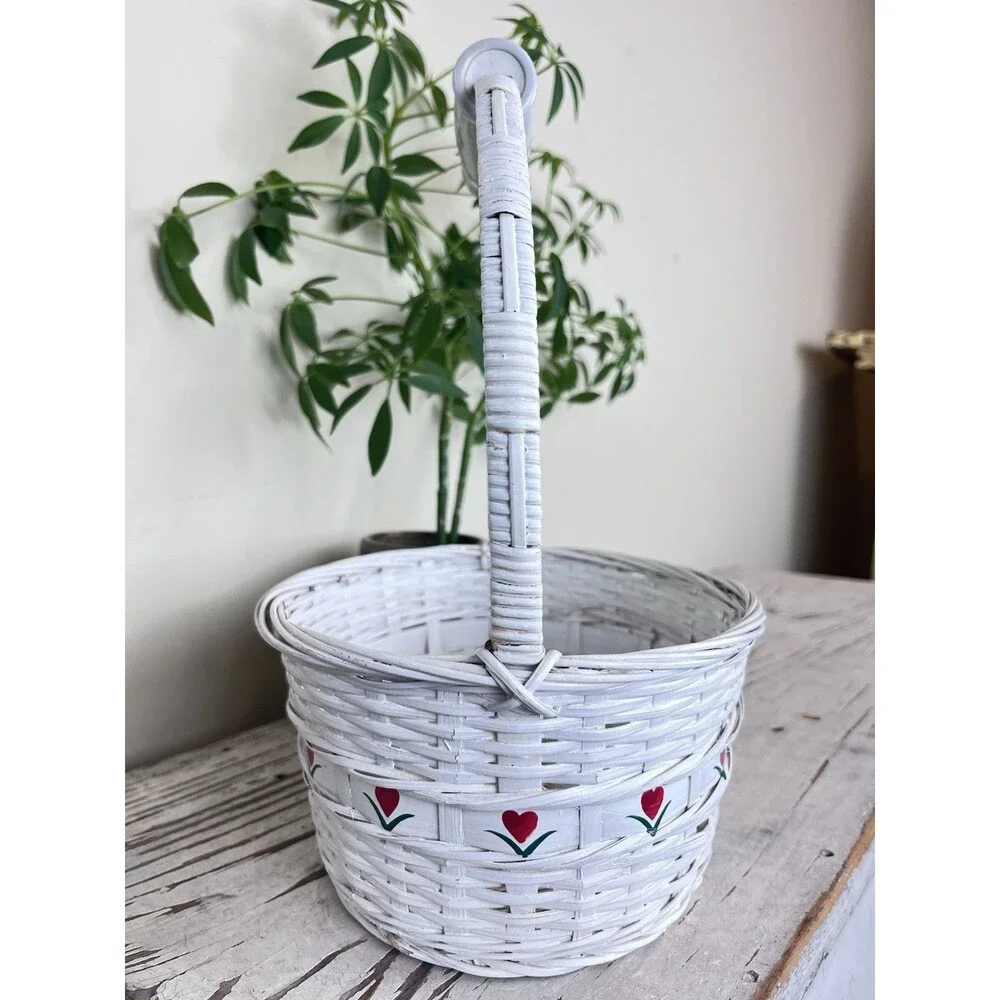 Vintage White Woven Wicker Basket Ceramic Heart Handle / Red & Green Flowers 11”